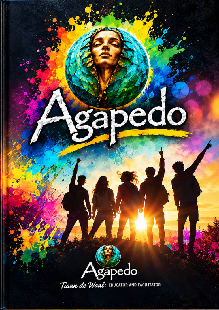 Cover of the Agapedo Development Workbook: colourful paint splashes, the Agapedo emblem and five young people on a hilltop at sunrise